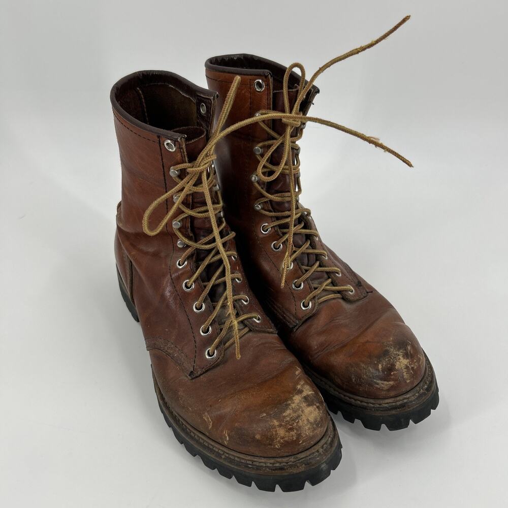 Vintage 70s Red Wing Irish Setter Logger Boots Men 10 B Brown Leather Vibram 899